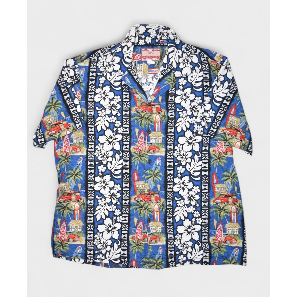 RJC Hawaiian Shirt Mens XL Blue Floral Cotton Beach Car Surf Striped USA Made